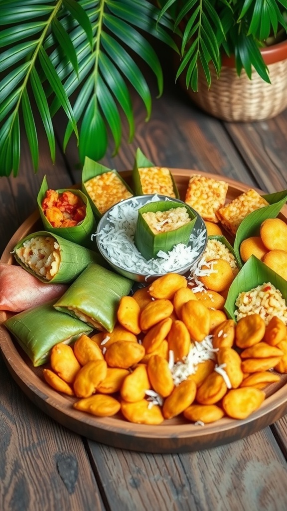An assortment of Indonesian jajanan snacks, including rice cakes and fried treats, on a wooden table surrounded by tropical decor.